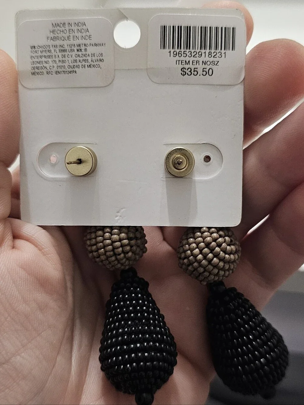 Chico's Triple Beaded Drop Earrings in Cream, Brown & Black